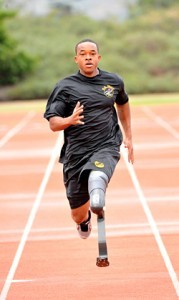 0984-JerrodFieldsSprints.jpg: U.S. Army World Class Athelte Program Paralympic sprinter hopeful Sgt. Jerrod Fields, seen here working out at the U.S. Olympic Training Center in Chula Vista, Calif., won the 100 meters with a time of 12.15 seconds at the 2009 Endeavor Games in Edmond, Okla., on June 13. Photo by Tim Hipps, FMWRC Public Affairs