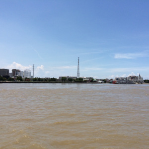 View of New Orleans from mid-Mississippi River.