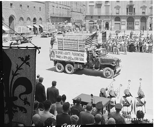 American trucks returning part of US$500 million worth of Florentine artwork looted by Germans, Piazzo Dei Signoria, Florence, Italy, 21 Jul 1945 (US National Archives)