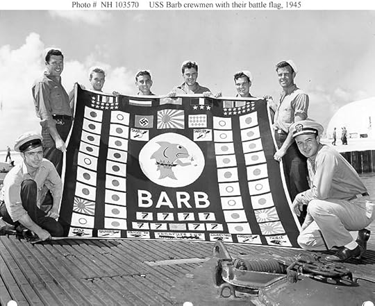 Members of USS Barb's demolition squad, Pearl Harbor, August 1945. These men went ashore at Karafuto, Japan, and planted an explosive charge that wrecked a train. This raid is represented by the train symbol in the middle bottom of the battle flag. (US Navy photo)