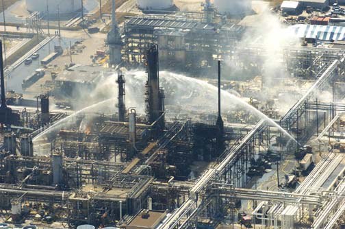 The site of the explosion at BP's Texas City refinery in 2005. The blast flattened a trailer in which Dave Leining was working and left him trapped under a pile of debris