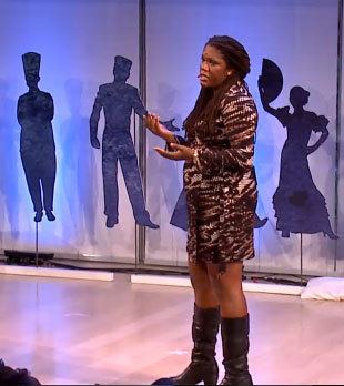 Joshunda Sanders, standing with microphone, at TEDCity2.0