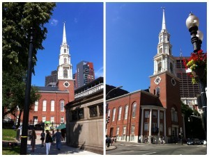 Park Street Church, Boston. Photo on left taken from Boston Common, with entrance to Park Street Station in foreground (Photos: Sarah Sundin, July 2014)