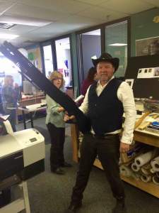 Director Bruce McDonald wields Bubba during prep.