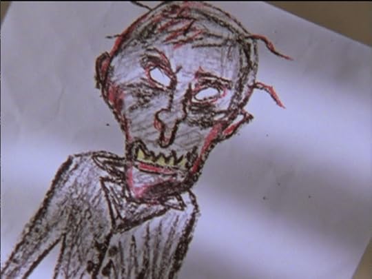 A crayon drawing of a creepy big-headed guy with lots of lower jaw teeth, a crooked nose, and white eyes.