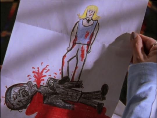 A crayon drawing of Buffy standing above the half-decapitated corpse of der Kindestod