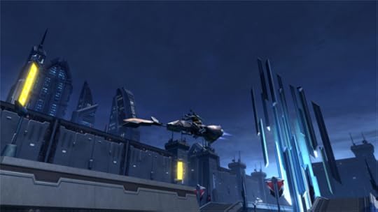 My Imperial agent riding a speeder over the city in Star Wars: The Old Republic