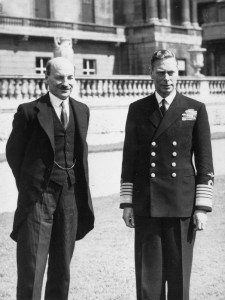 British Prime Minister Clement Attlee and King George VI of the United Kingdom, Buckingham Palace, London, England, 26 Jul 1945. (Imperial War Museum)