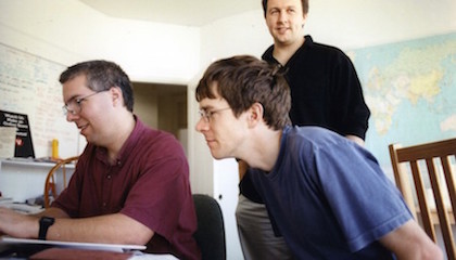 Viaweb co-founders (from left) Trevor Blackwell, Robert T. Morris, and Paul Graham in the company's original office in Cambridge, circa 1995.