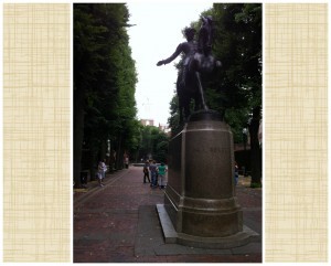 Statue of Paul Revere on Paul Revere Mall in Boston, with Old North Church in the background, July 2014. (Photo: Sarah Sundin)