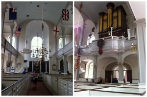 The interior of Old North Church in Boston, facing the front (left) and the rear (right), July 2014. (Photo: Sarah Sundin)