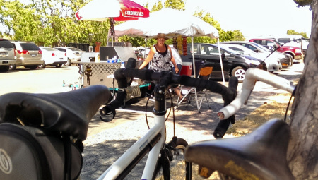 Enjoying my time at Lisa's Hot Dog stand waiting for a ride home from Alviso after retrieving my stolen bike.