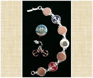 Jewelry made from copper reclaimed from restoration of USS Constitution, plus a button from the 1925 restoration fund drive. (Photo: Sarah Sundin)