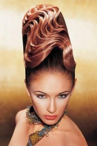 Sky-high beehive hairdo.