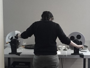 Choreometics film being inspected. Photo by Nicole Saylor.