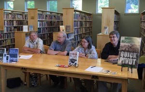 John Clark, Vaughn Hardacker, Maureen MIlliken and Brenda Buchanan talk mysteries, Maine and other stuff at the Thompson Library in Dover-Foxcroft July 14. (Diane Kenty picture)