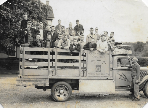 The students of Arendtsville High School preparing to set out across country in 1937 in their specially outfitted half-ton truck.