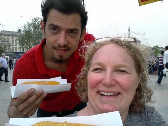 Sezer and I with fresh roasted corn in Istanbul