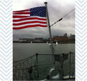The ensign (flag) flying at the stern of the USS Cassin Young, Charlestown Navy Yard, Boston, July 2014 (Photo: Sarah Sundin)
