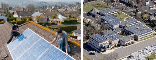 (Pictured Left) Residential roof system being installed. (Pictured Right) School size system.