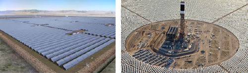 (Pictured Left) Utility size system could cover square miles. (Pictured Right) Hundreds of thousands of mirrors concentrate sunlight to make electricity ... square miles of land needed.