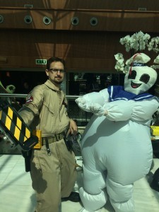 Photo of the awesome Ghostbuster and Stay Puft cosplay at Nine Worlds Geekfest