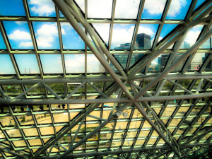View from inside the Rock and Roll Hall of Fame.