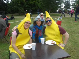 Bananas take a break from dancing for a cream tea!