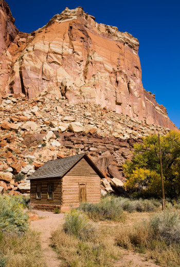 Early wood pioneer one room schoolhouse in the desert of Capitol Reef National Park Utah