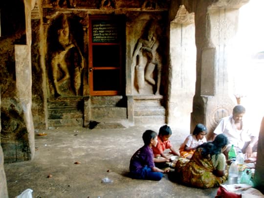 A family inside the labyrinths of Rock Temple, Trichy