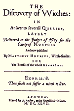 The title page to the Discovery of Witches where Hopkins' justifies himself to straw man