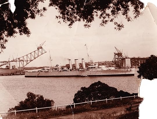 Sydney Harbour Bridge and HMAS Sydney circa 1928
