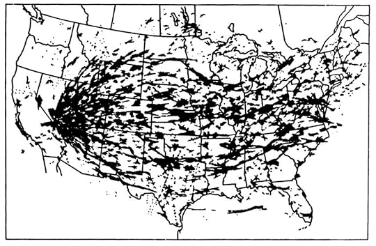 Areas of the United States crossed by two or more clouds from atmospheric nuclear tests in Nevada between 1951 and 1962.  Map created by researcher Richard Miller based on AEC records on radiation dispersal from weapons testing.  Widely distributed by downwinder activists.