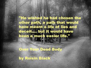 Quote in yellow writing over black and white photo of forest with a path splitting in two