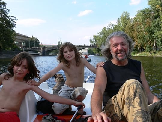 Water biking on the Moldau with Guapo in the background