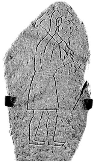 The six–foot boulder depicts the a man clad in a sleeved garment. He seems to be walking and carrying an axe. The art is believed to date back to about 700 AD.