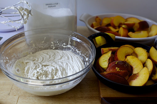 batter, prepped peaches