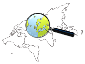 Map of continents with a magnifying glass