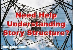 View up the center of high-tension electrical tower with text: Need Help Understanding Story Structure?