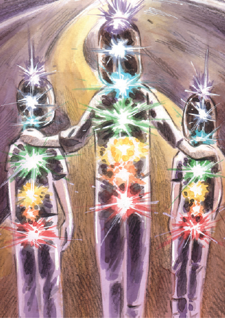 The children and teacher walk away with their chakras glowing. 