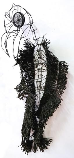 Doug Baulos, Black Raven Mind, 2015, dictionary pages, wire, found stand, thread, 72