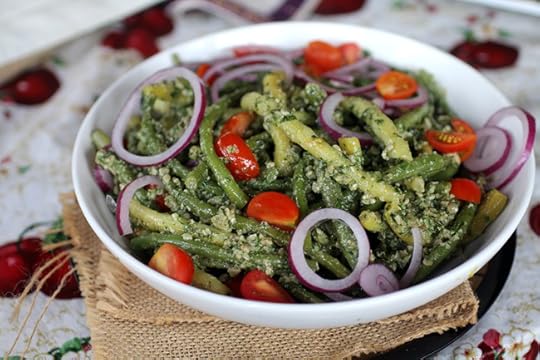Green Beans with a pebbled sunflower seed pesto