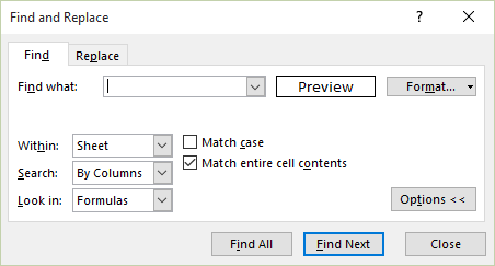Excel Find dialog