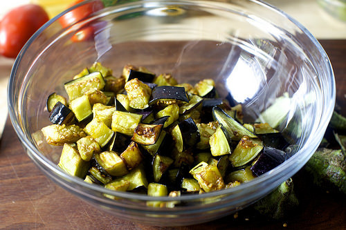 fried, drained, cooled eggplant