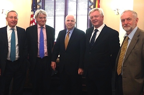 The delegation of MPs from the Shaker Aamer Parliamentary Group meeting Sen. John McCain in May in Washington D.C. From L to R: Andy Slaughter, Andrew Mitchell, John McCain, David Davis and Jeremy Corbyn.