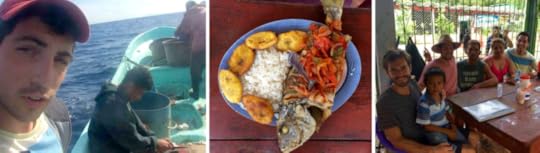 Caption: L to R: Eric tries to find his place in the crew; from ocean to table in under an hour; full bellies and great spirits Global Goulets 