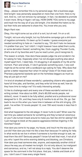 screenshot of Hawthorne's fb post, which is way too long for this box but which I'll dissect in text in the rest of the post. 