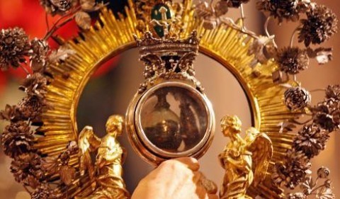 The blood relic of St. Januarius (San Gennaro) in the cathedral of Naples.