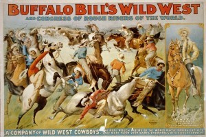 Buffalo Bill's Wild West and Congress of Rough Riders of the World. Circus poster showing cowboys rounding up cattle and portrait of Col. W. F. Cody on horseback. Circa 1899. [Image: Public Domain]