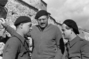 EH 6672P Ernest Hemingway with Ilya Ehrenburg and Gustav Regler during the Spanish Civil War, not dated, circa 1937. Photograph in the Ernest Hemingway Photograph Collection, John F. Kennedy Presidential Library and Museum, Boston.